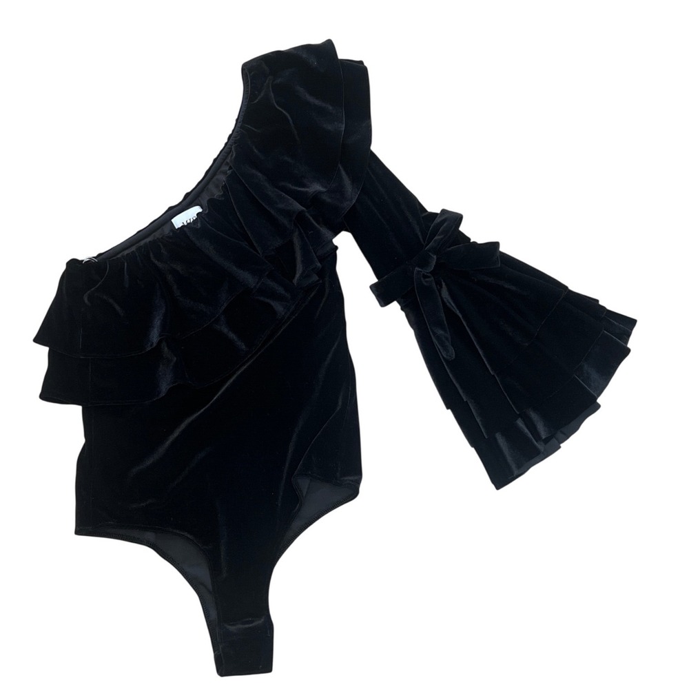 MISA Los‎ Angeles Black Velvet One Shoulder Ruffle Bodice Bell Sleeve Bodysuit S